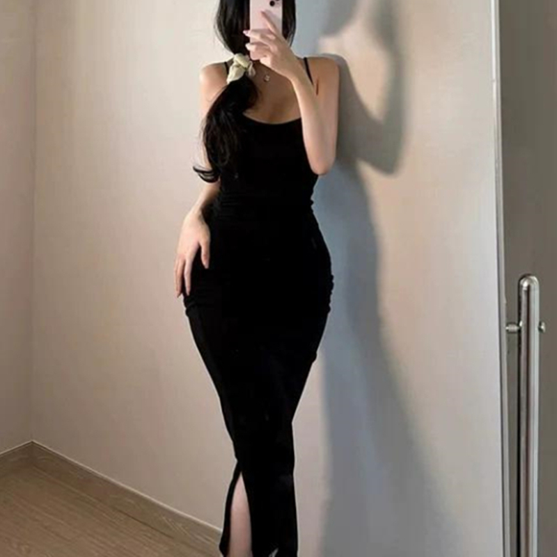 Korean Style Bodycon Long Strap Dress with Split Design - Sexy Curve-Enhancing Women's Charm Dress Korean Style Bodycon Long Strap Dress with Split Design - Sexy Curve-Enhancing Women's Charm Dress
