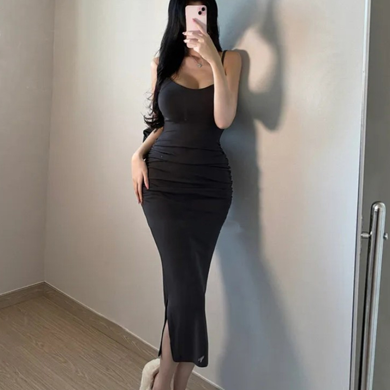 Korean Style Bodycon Long Strap Dress with Split Design - Sexy Curve-Enhancing Women's Charm Dress Korean Style Bodycon Long Strap Dress with Split Design - Sexy Curve-Enhancing Women's Charm Dress