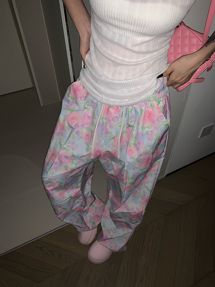 Korean Style Camouflage Floral Drawstring Work Pants for Men & Women - Loose Casual Wide-Leg Long Trousers