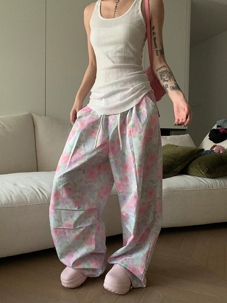 Korean Style Camouflage Floral Drawstring Work Pants for Men & Women - Loose Casual Wide-Leg Long Trousers