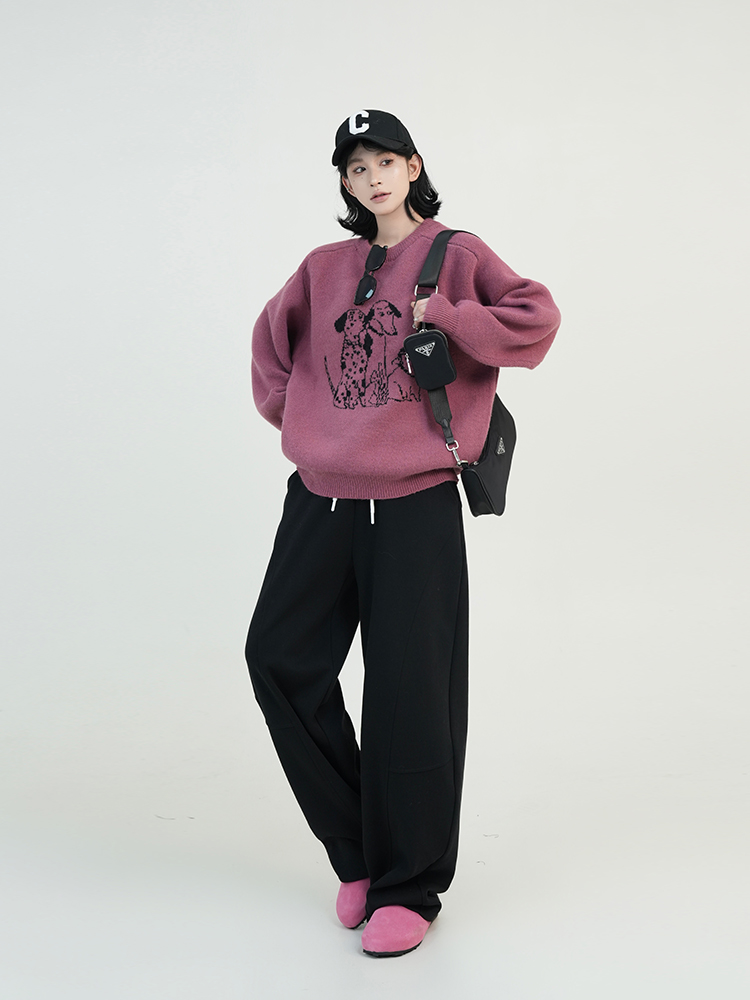 Korean Style Cartoon Print Round Neck Long Sleeve Knitted Sweater for Women - Autumn Winter Loose Pullover Top