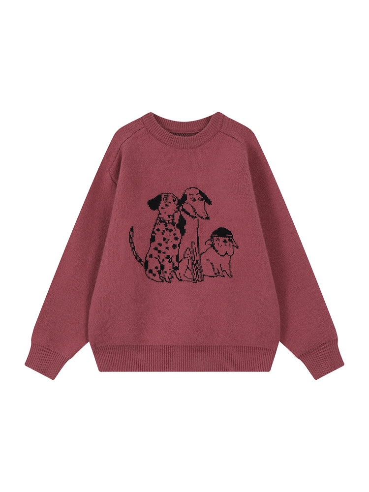 Korean Style Cartoon Print Round Neck Long Sleeve Knitted Sweater for Women - Autumn Winter Loose Pullover Top