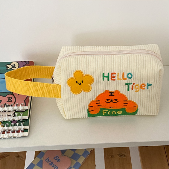 Korean Style Cartoon Tiger Embroidered Handbag, Versatile Corduroy Clutch for Women, Mobile Phone & Storage Bag