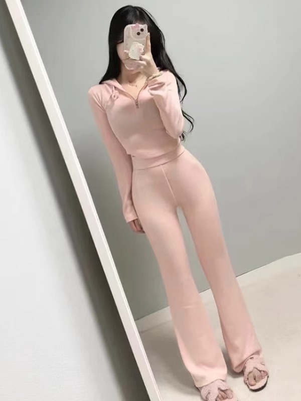 Korean Style Casual Sexy Waist-Cinching Hoodie and Flared Pants Women's Fashion Set - Versatile 90s Inspired Outfit Korean Style Casual Sexy Waist-Cinching Hoodie and Flared Pants Women's Fashion Set - Versatile 90s Inspired Outfit