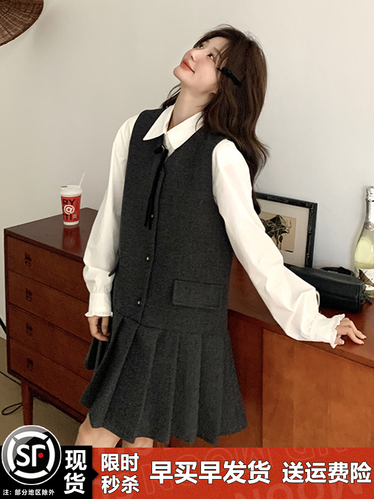 Korean Style College Fashion Shirt Dress Set for Women - Spring Autumn 2025 Age-Reducing Pleated Skirt Two-Piece Trend Korean Style College Fashion Shirt Dress Set for Women - Spring Autumn 2025 Age-Reducing Pleated Skirt Two-Piece Trend