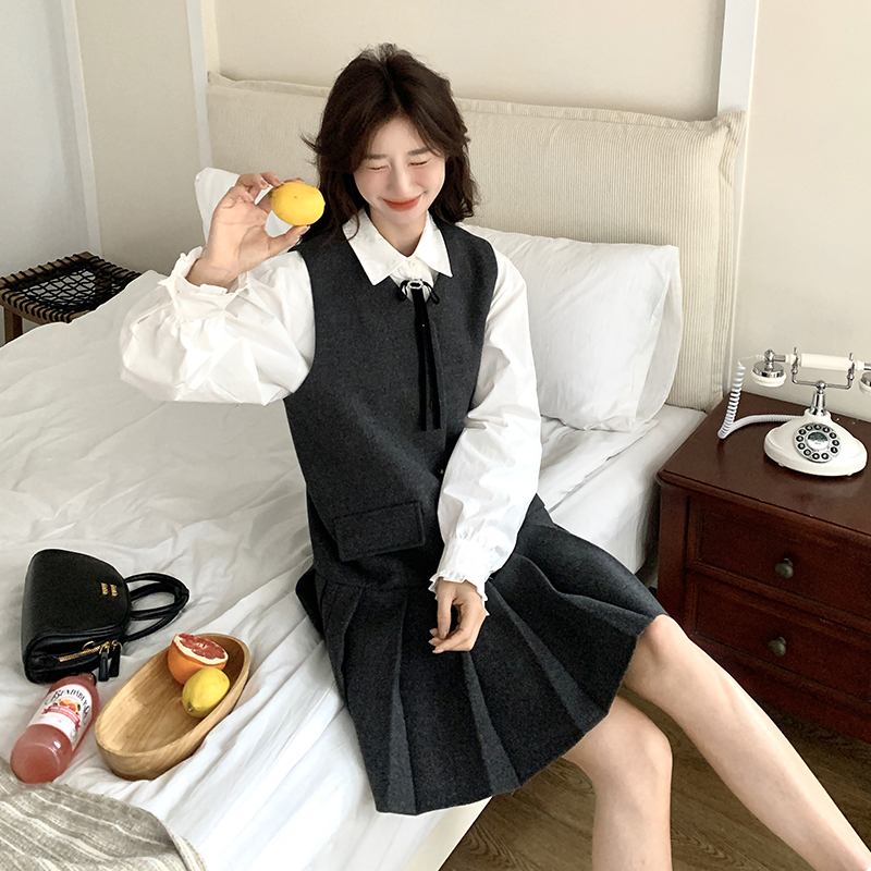 Korean Style College Fashion Shirt Dress Set for Women - Spring Autumn 2025 Age-Reducing Pleated Skirt Two-Piece Trend