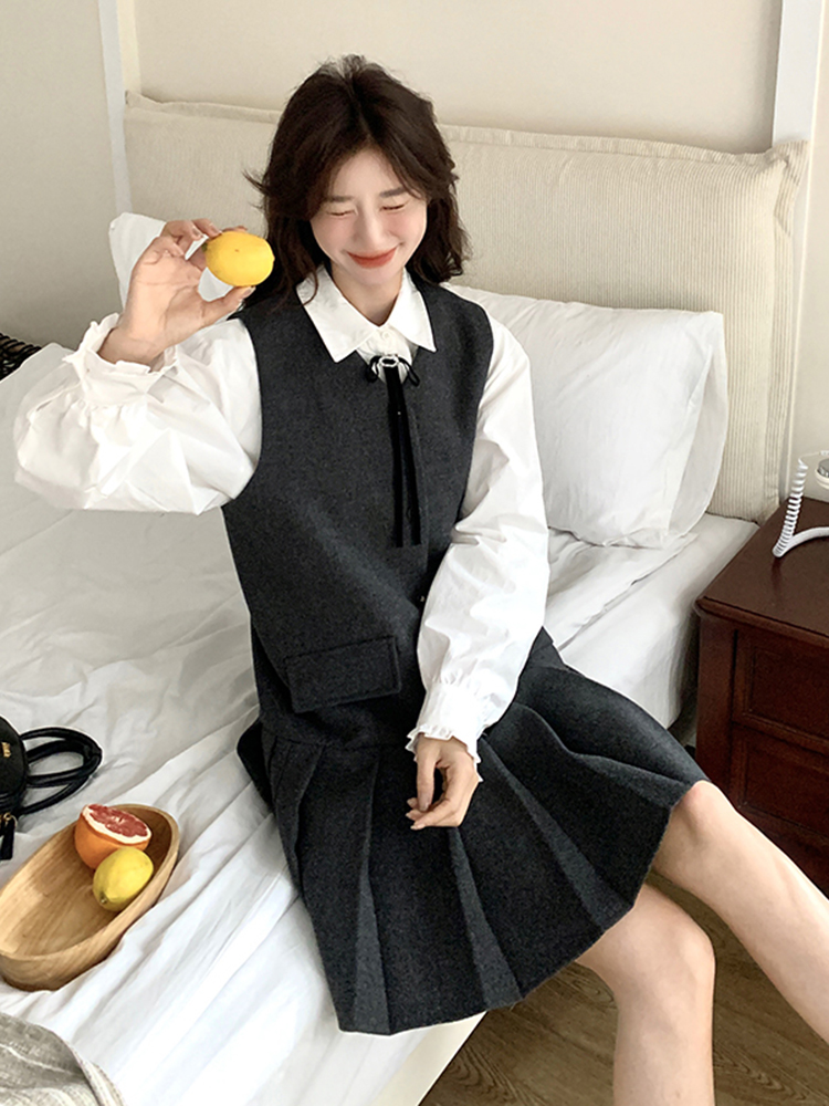 Korean Style College Fashion Shirt Dress Set for Women - Spring Autumn 2025 Age-Reducing Pleated Skirt Two-Piece Trend