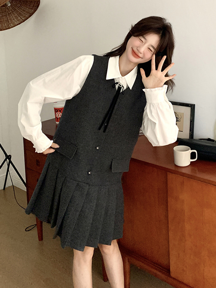 Korean Style College Fashion Shirt Dress Set for Women - Spring Autumn 2025 Age-Reducing Pleated Skirt Two-Piece Trend Korean Style College Fashion Shirt Dress Set for Women - Spring Autumn 2025 Age-Reducing Pleated Skirt Two-Piece Trend