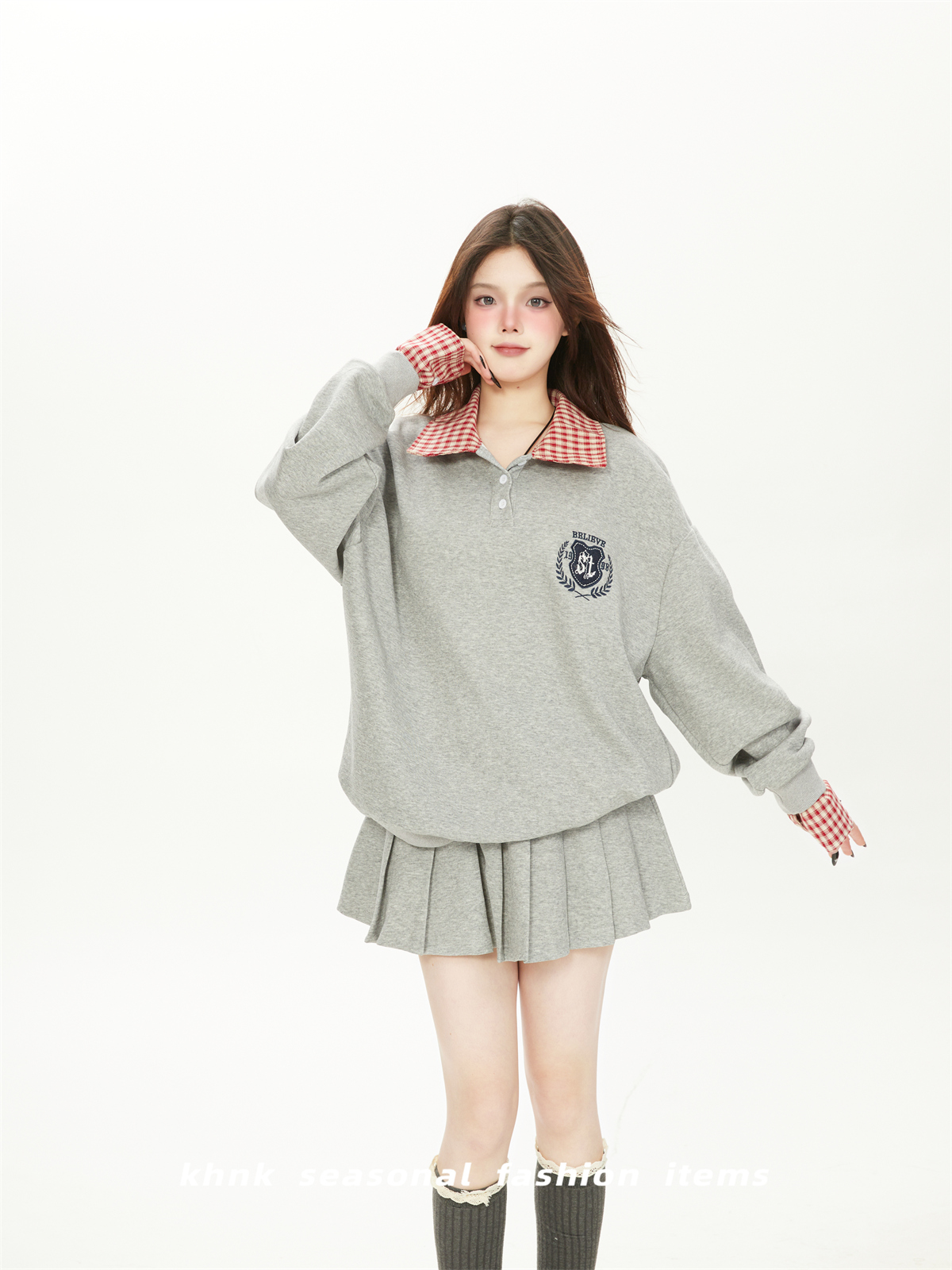 Korean Style College Plaid Spliced Polo Sweatshirt & Pleated Skirt Women's Sports Suit Two-Piece Set for Spring & Autumn Korean Style College Plaid Spliced Polo Sweatshirt & Pleated Skirt Women's Sports Suit Two-Piece Set for Spring & Autumn