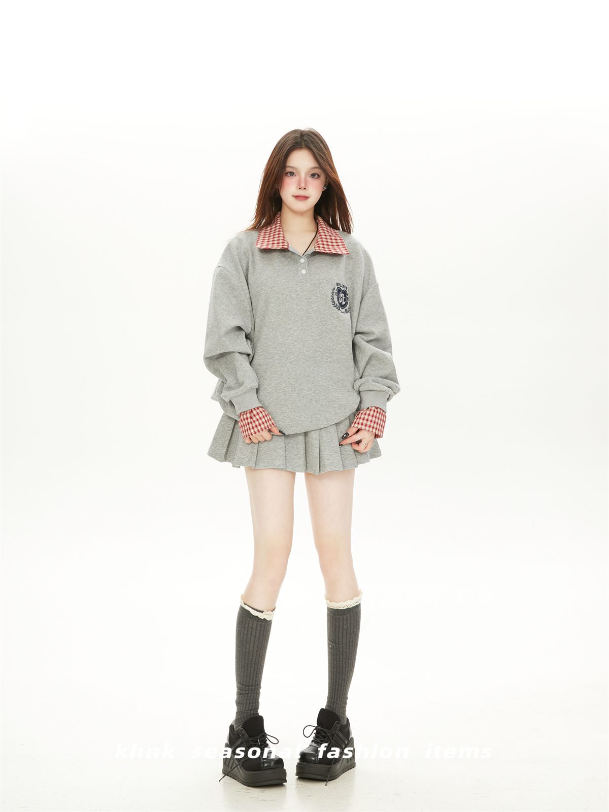 Korean Style College Plaid Spliced Polo Sweatshirt & Pleated Skirt Women's Sports Suit Two-Piece Set for Spring & Autumn Korean Style College Plaid Spliced Polo Sweatshirt & Pleated Skirt Women's Sports Suit Two-Piece Set for Spring & Autumn