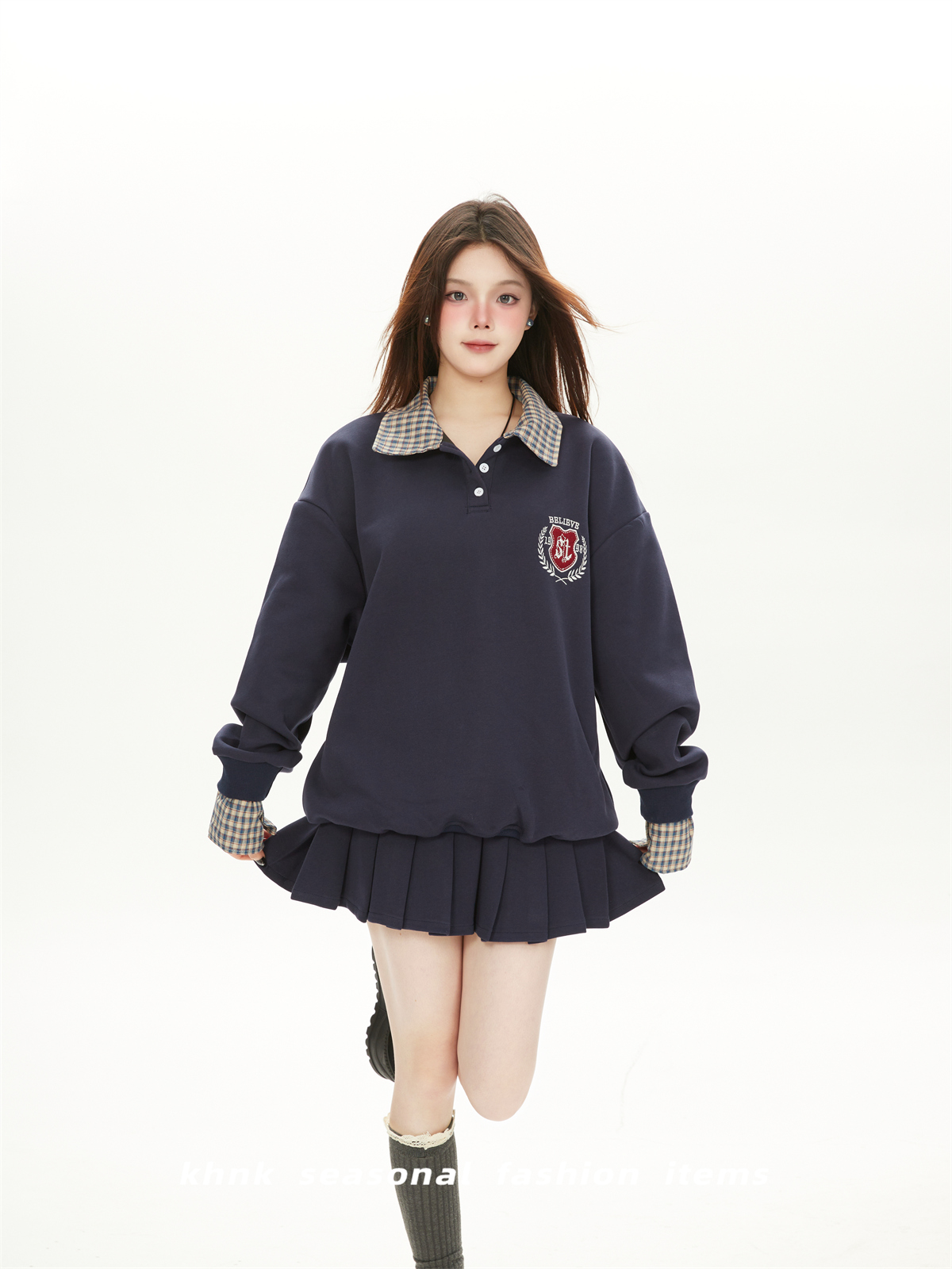 Korean Style College Plaid Spliced Polo Sweatshirt & Pleated Skirt Women's Sports Suit Two-Piece Set for Spring & Autumn