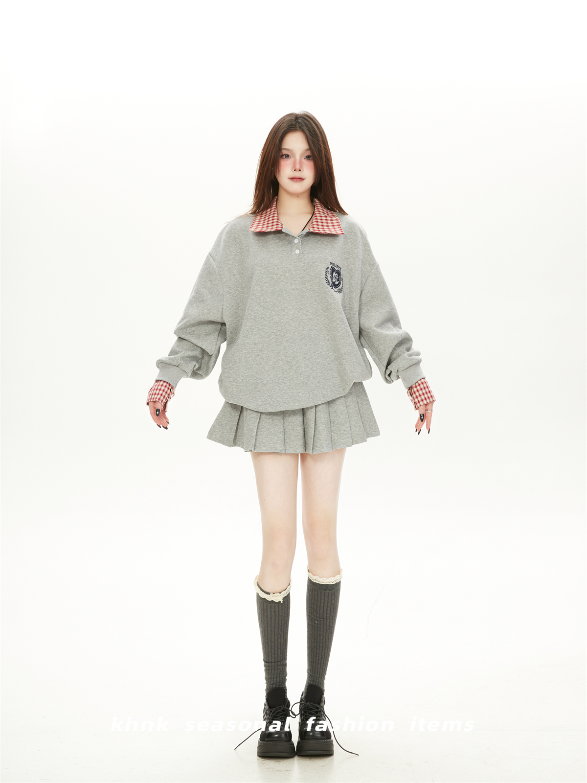 Korean Style College Plaid Spliced Polo Sweatshirt & Pleated Skirt Women's Sports Suit Two-Piece Set for Spring & Autumn