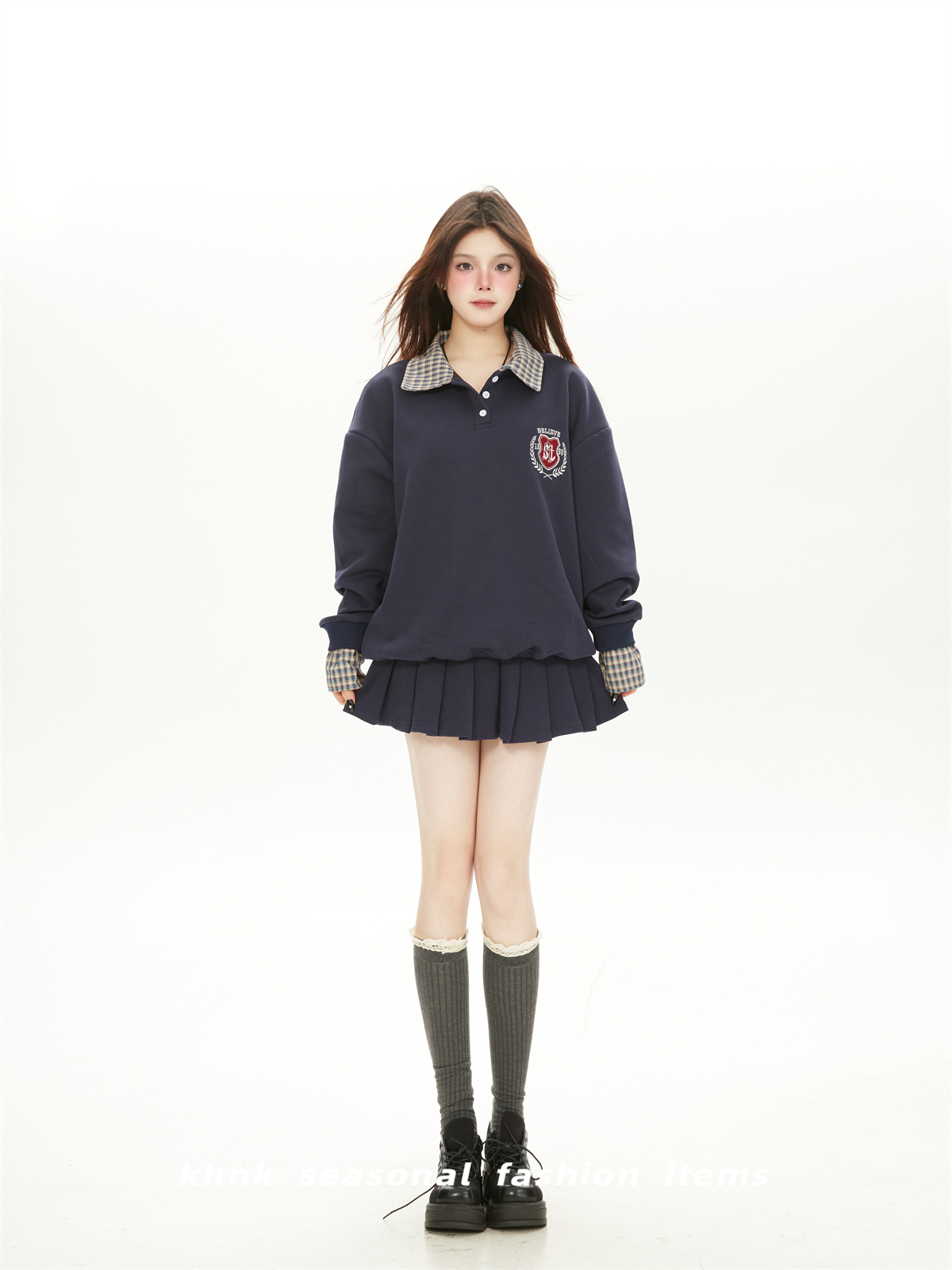 Korean Style College Plaid Spliced Polo Sweatshirt & Pleated Skirt Women's Sports Suit Two-Piece Set for Spring & Autumn Korean Style College Plaid Spliced Polo Sweatshirt & Pleated Skirt Women's Sports Suit Two-Piece Set for Spring & Autumn