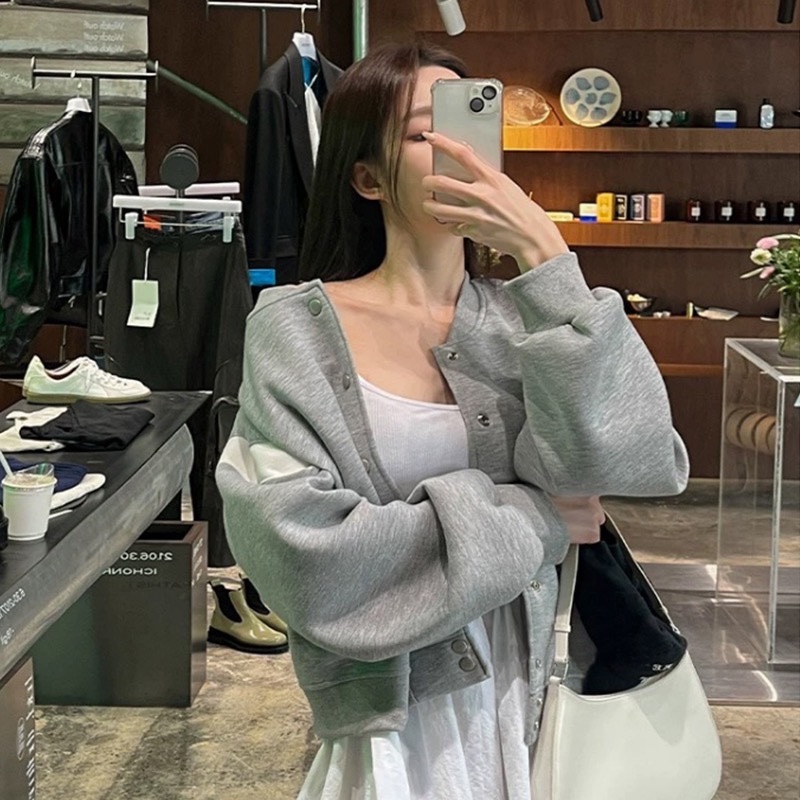 Korean Style Color-Block Baseball Jacket for Women, Casual Loose Fit Slimming Versatile Sweatshirt Coat, Trendy Commuter Top Korean Style Color-Block Baseball Jacket for Women, Casual Loose Fit Slimming Versatile Sweatshirt Coat, Trendy Commuter Top