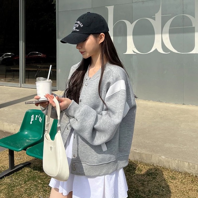 Korean Style Color-Block Baseball Jacket for Women, Casual Loose Fit Slimming Versatile Sweatshirt Coat, Trendy Commuter Top