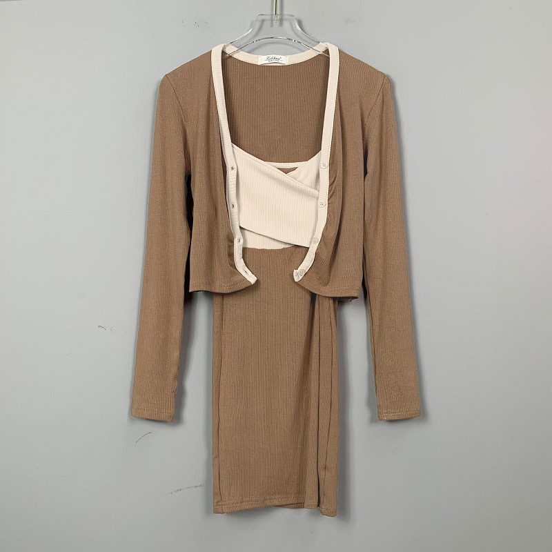 Korean Style Color-Block Cross Chest-Enhancing Camisole Dress with Short Cardigan Long Sleeve Two-Piece Set for Women Korean Style Color-Block Cross Chest-Enhancing Camisole Dress with Short Cardigan Long Sleeve Two-Piece Set for Women