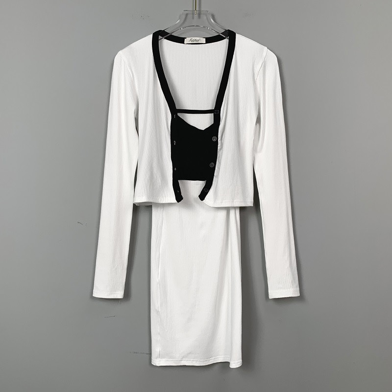 Korean Style Color-Block Cross Chest-Enhancing Camisole Dress with Short Cardigan Long Sleeve Two-Piece Set for Women