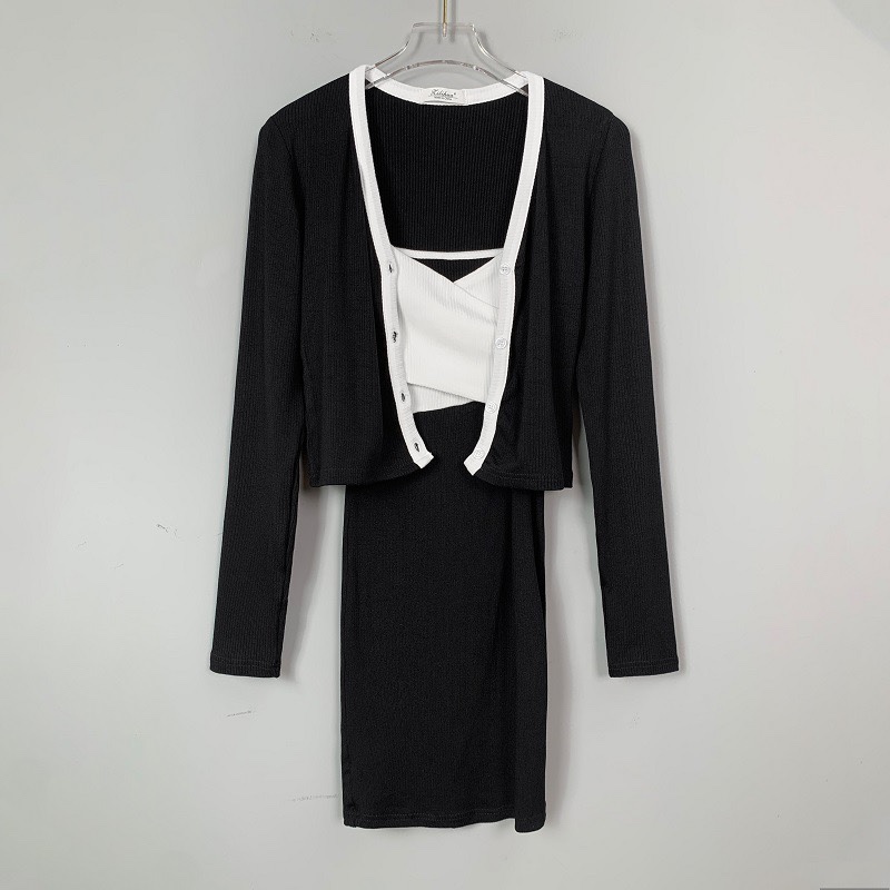 Korean Style Color-Block Cross Chest-Enhancing Camisole Dress with Short Cardigan Long Sleeve Two-Piece Set for Women Korean Style Color-Block Cross Chest-Enhancing Camisole Dress with Short Cardigan Long Sleeve Two-Piece Set for Women