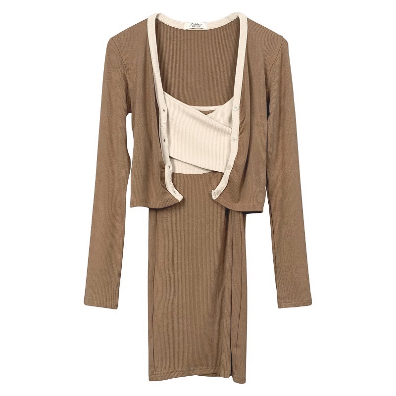 Korean Style Color-Block Cross Chest-Enhancing Camisole Dress with Short Cardigan Long Sleeve Two-Piece Set for Women Korean Style Color-Block Cross Chest-Enhancing Camisole Dress with Short Cardigan Long Sleeve Two-Piece Set for Women