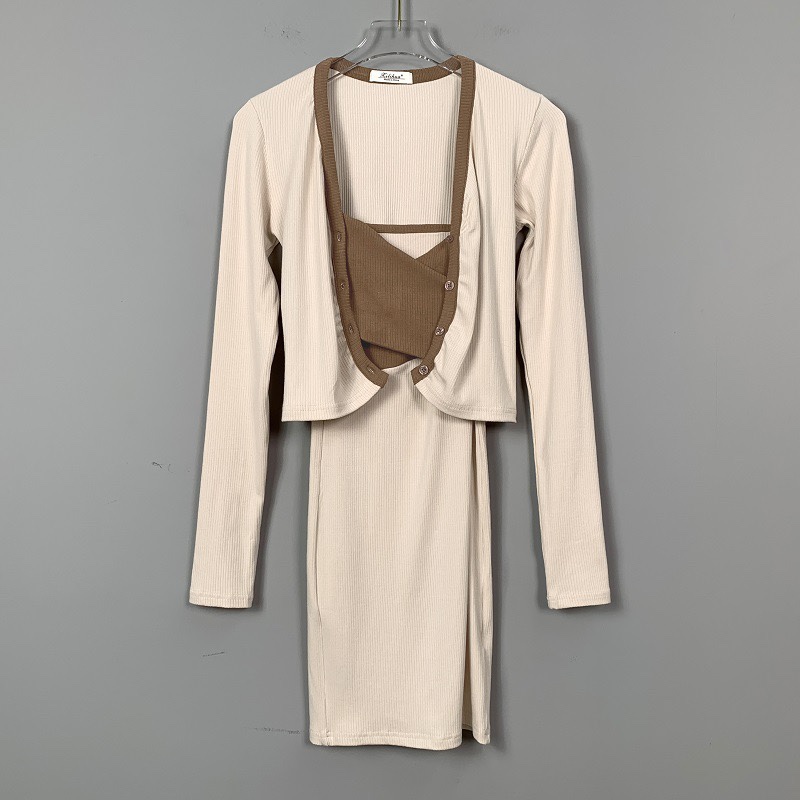 Korean Style Color-Block Cross Chest-Enhancing Camisole Dress with Short Cardigan Long Sleeve Two-Piece Set for Women Korean Style Color-Block Cross Chest-Enhancing Camisole Dress with Short Cardigan Long Sleeve Two-Piece Set for Women