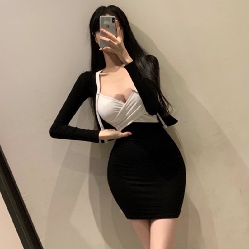 Korean Style Color-Block Cross Chest-Enhancing Camisole Dress with Short Cardigan Long Sleeve Two-Piece Set for Women