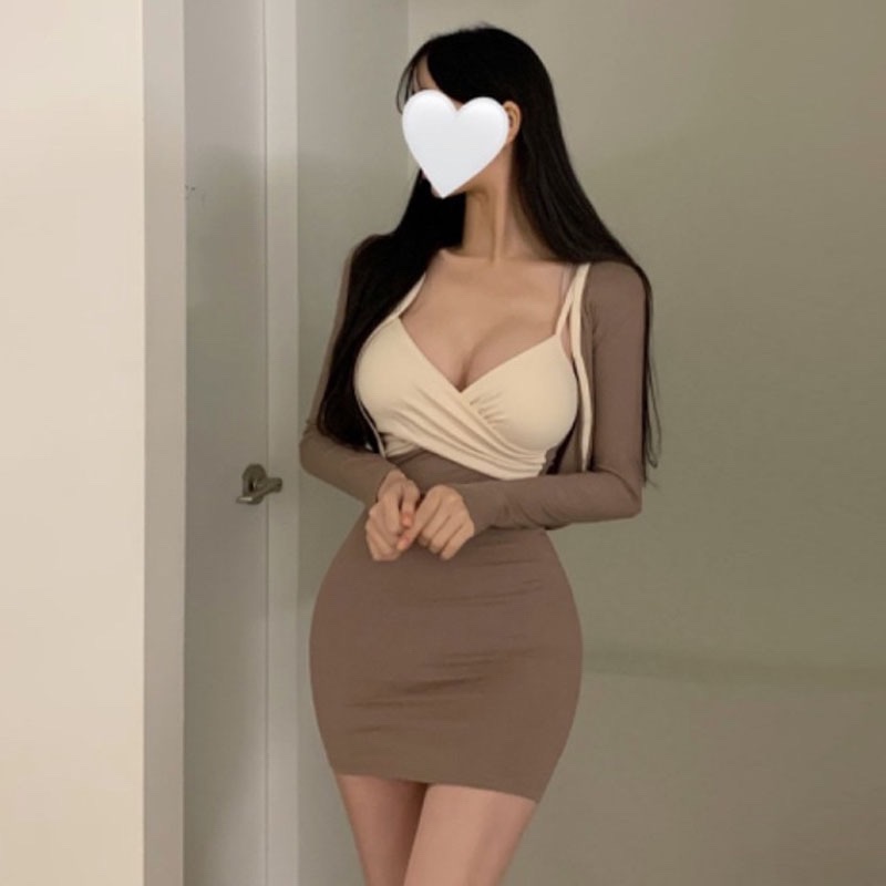 Korean Style Color-Block Cross Chest-Enhancing Camisole Dress with Short Cardigan Long Sleeve Two-Piece Set for Women Korean Style Color-Block Cross Chest-Enhancing Camisole Dress with Short Cardigan Long Sleeve Two-Piece Set for Women