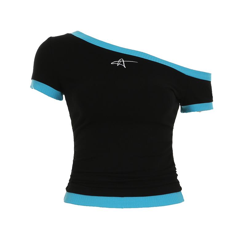 Korean-Style Color-Blocking Off-Shoulder Slim-Fit Crop Top with Meteor Embroidery - Trendy Bagged Edge T-Shirt