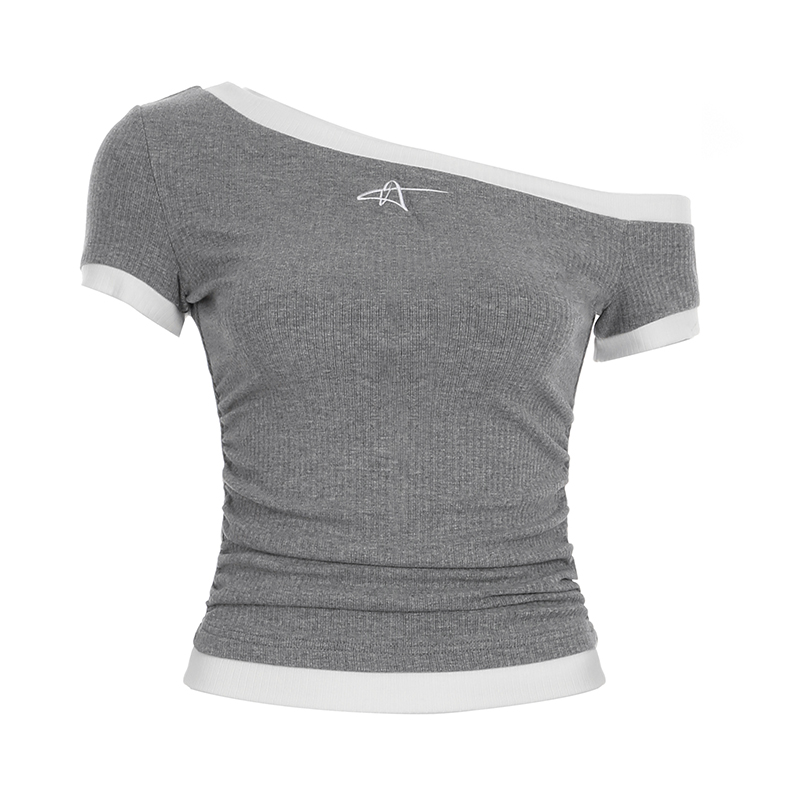 Korean-Style Color-Blocking Off-Shoulder Slim-Fit Crop Top with Meteor Embroidery - Trendy Bagged Edge T-Shirt Korean-Style Color-Blocking Off-Shoulder Slim-Fit Crop Top with Meteor Embroidery - Trendy Bagged Edge T-Shirt
