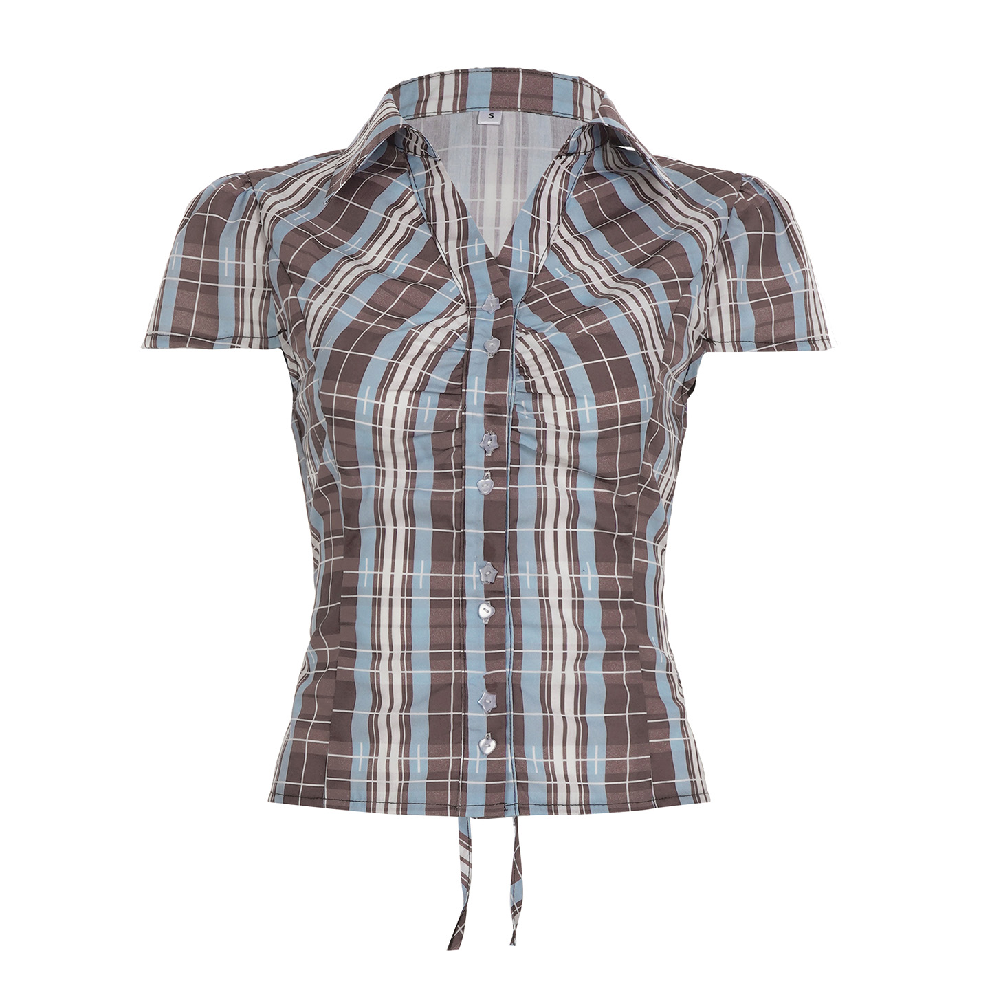 Korean-Style Color-Blocking Plaid Print Lapel Shirt - Waist-Cinching Slim Fit Pleated Short Top for Versatile Fashion