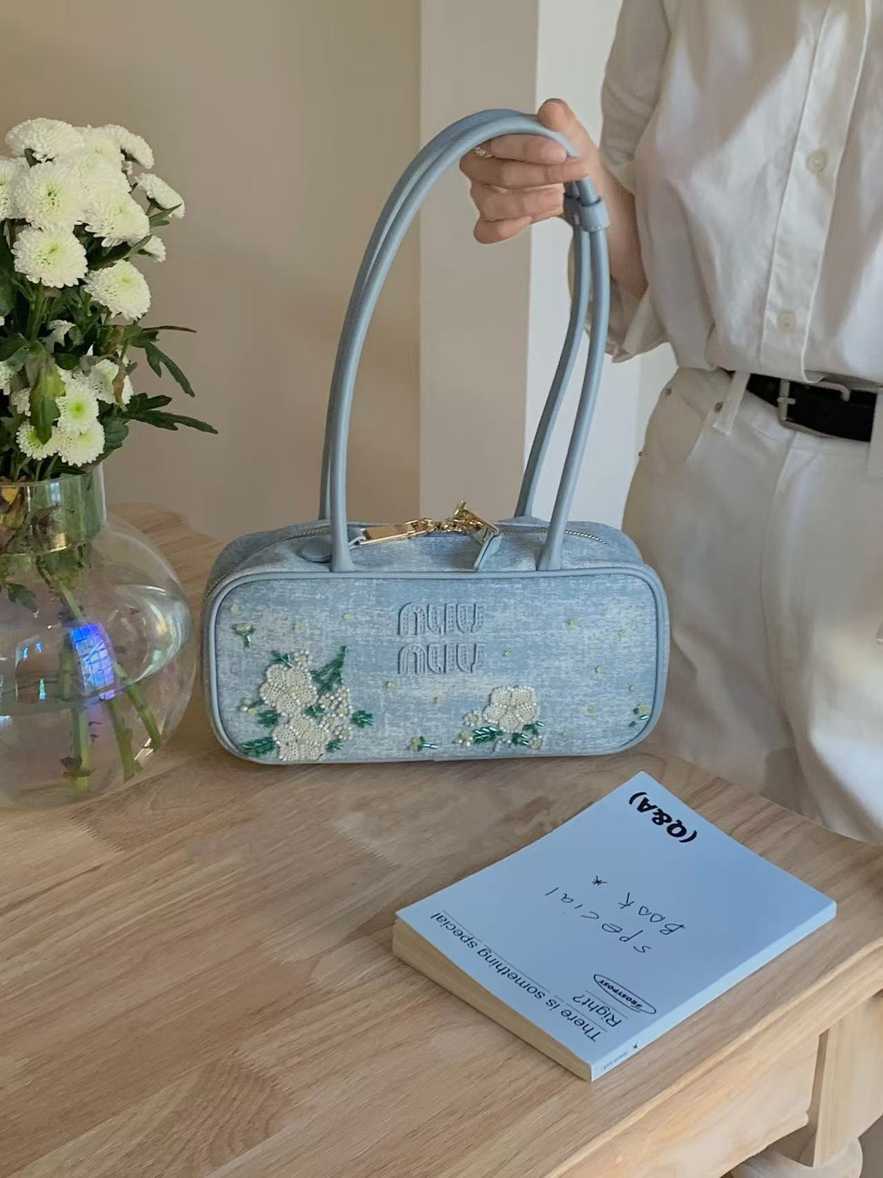 Korean Style Denim Floral Embroidery Bowling Shoulder Bag - Versatile Spring/Summer Commuter Handbag for Fresh Looks