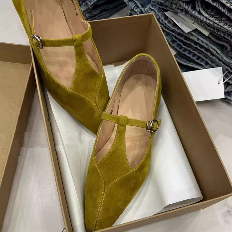 Korean Style Elegant Flat Pointed-Toe T-Strap Shoes with Single Buckle - Comfortable Versatile Footwear for Any Occasion