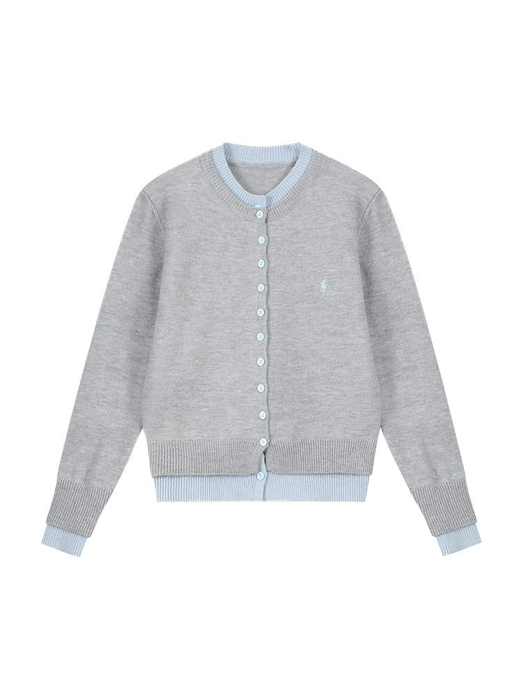 Korean Style Fake Two-Piece Round Neck Long Sleeve Knitted Sweater Coat for Women - Loose Short Cardigan Top for Autumn & Winter