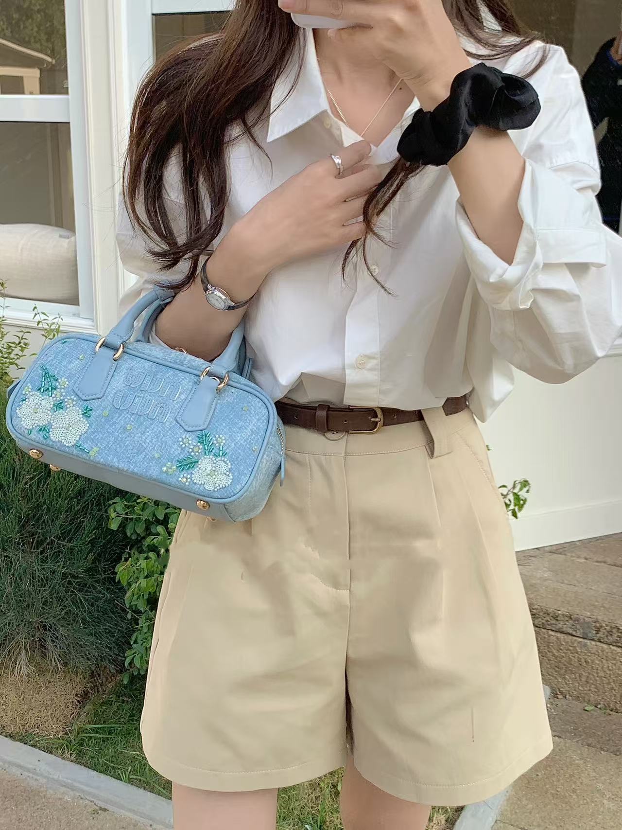 Korean Style Floral Embroidered Denim Bowling Handbag - Versatile Commuter Shoulder Crossbody Bag for Women - Spring/Summer Fashion