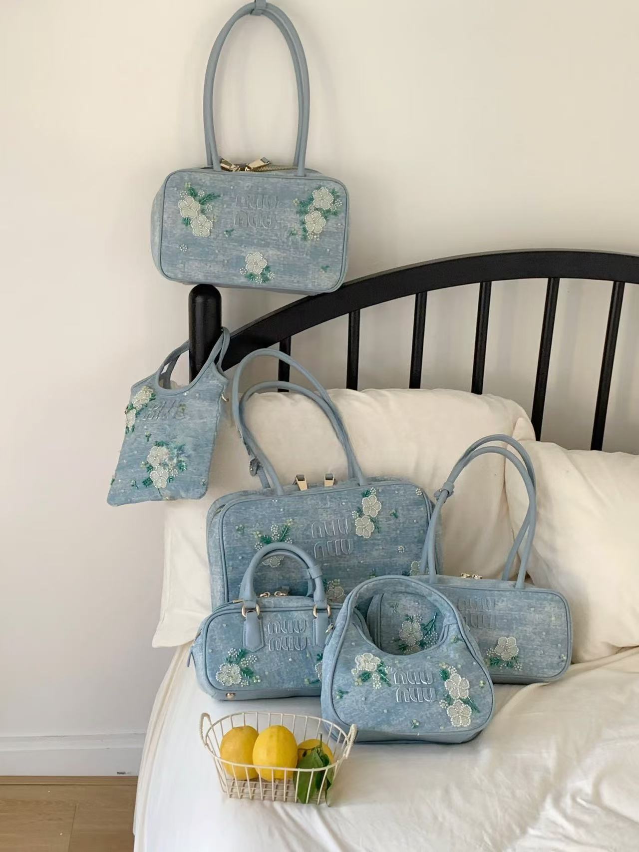 Korean Style Floral Embroidered Denim Bowling Handbag - Versatile Commuter Shoulder Crossbody Bag for Women - Spring/Summer Fashion Korean Style Floral Embroidered Denim Bowling Handbag - Versatile Commuter Shoulder Crossbody Bag for Women - Spring/Summer Fashion