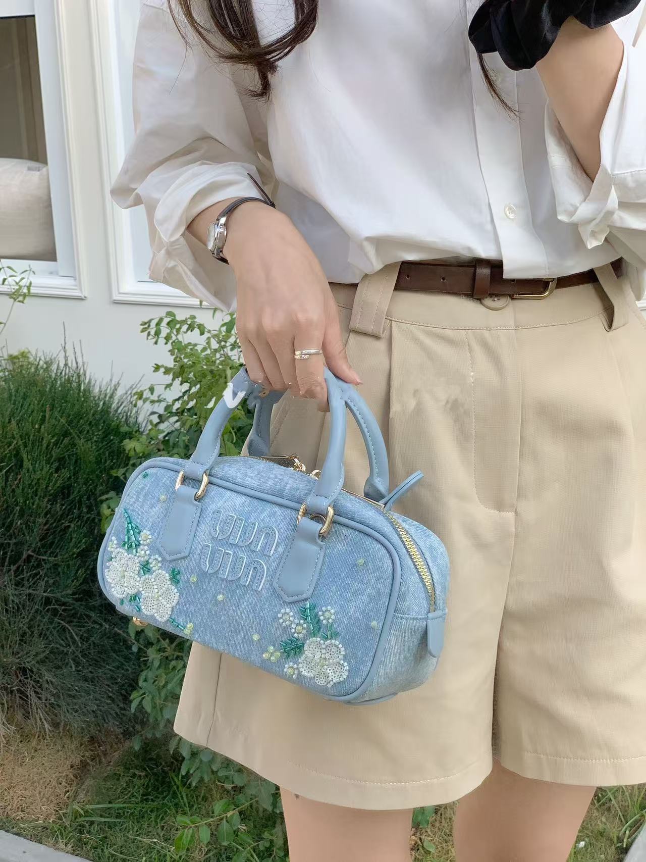 Korean Style Floral Embroidered Denim Bowling Handbag - Versatile Commuter Shoulder Crossbody Bag for Women - Spring/Summer Fashion