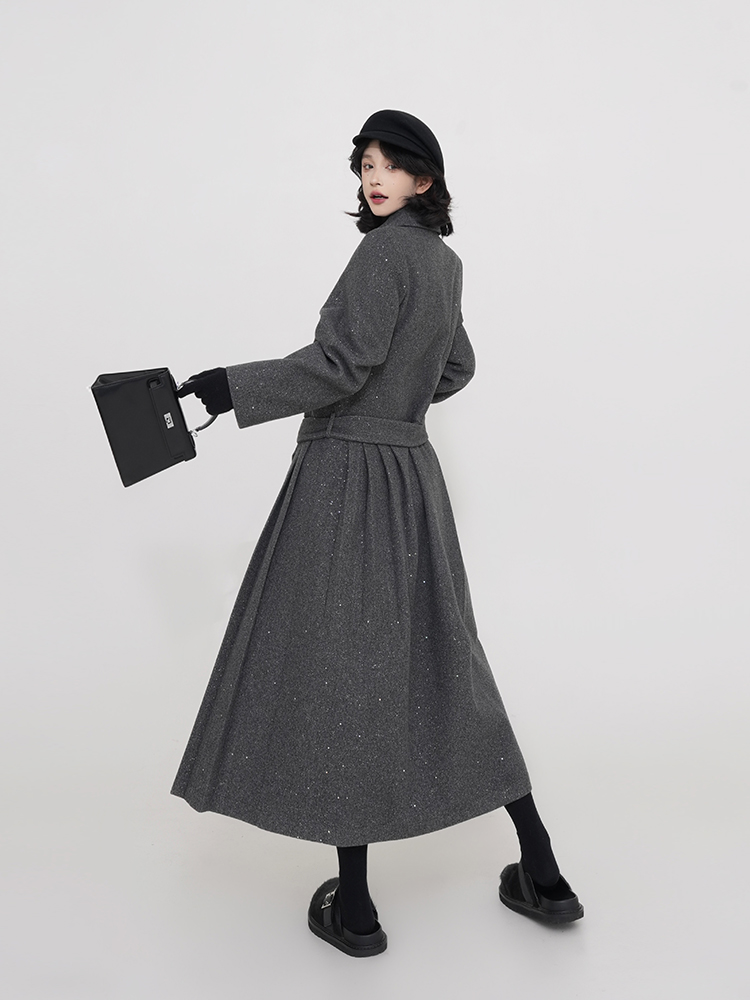 Korean Style Gray Polo Collar Padded Long Sleeve Dress for Women, Autumn Winter Waist-Cinched Pleated Skirt, High-End Fashion Korean Style Gray Polo Collar Padded Long Sleeve Dress for Women, Autumn Winter Waist-Cinched Pleated Skirt, High-End Fashion