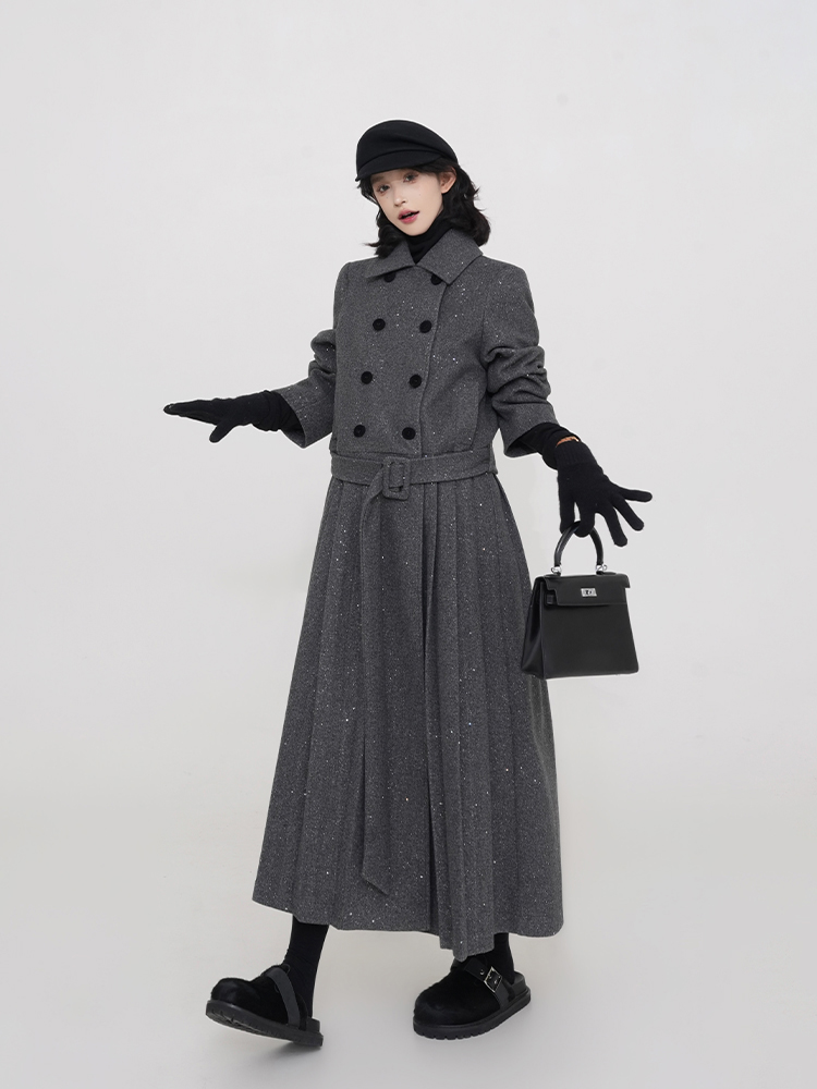 Korean Style Gray Polo Collar Padded Long Sleeve Dress for Women, Autumn Winter Waist-Cinched Pleated Skirt, High-End Fashion Korean Style Gray Polo Collar Padded Long Sleeve Dress for Women, Autumn Winter Waist-Cinched Pleated Skirt, High-End Fashion