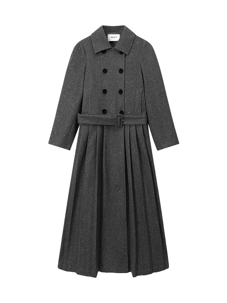 Korean Style Gray Polo Collar Padded Long Sleeve Dress for Women, Autumn Winter Waist-Cinched Pleated Skirt, High-End Fashion