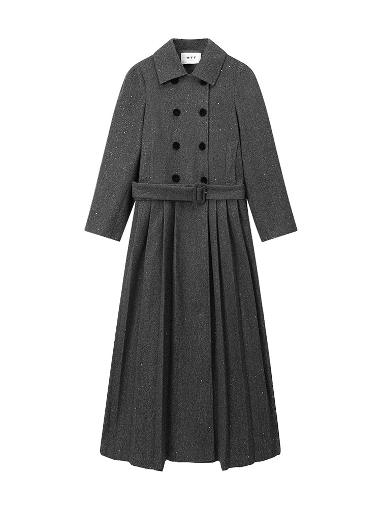 Korean Style Gray Polo Collar Padded Long Sleeve Dress for Women, Autumn Winter Waist-Cinched Pleated Skirt, High-End Fashion Korean Style Gray Polo Collar Padded Long Sleeve Dress for Women, Autumn Winter Waist-Cinched Pleated Skirt, High-End Fashion