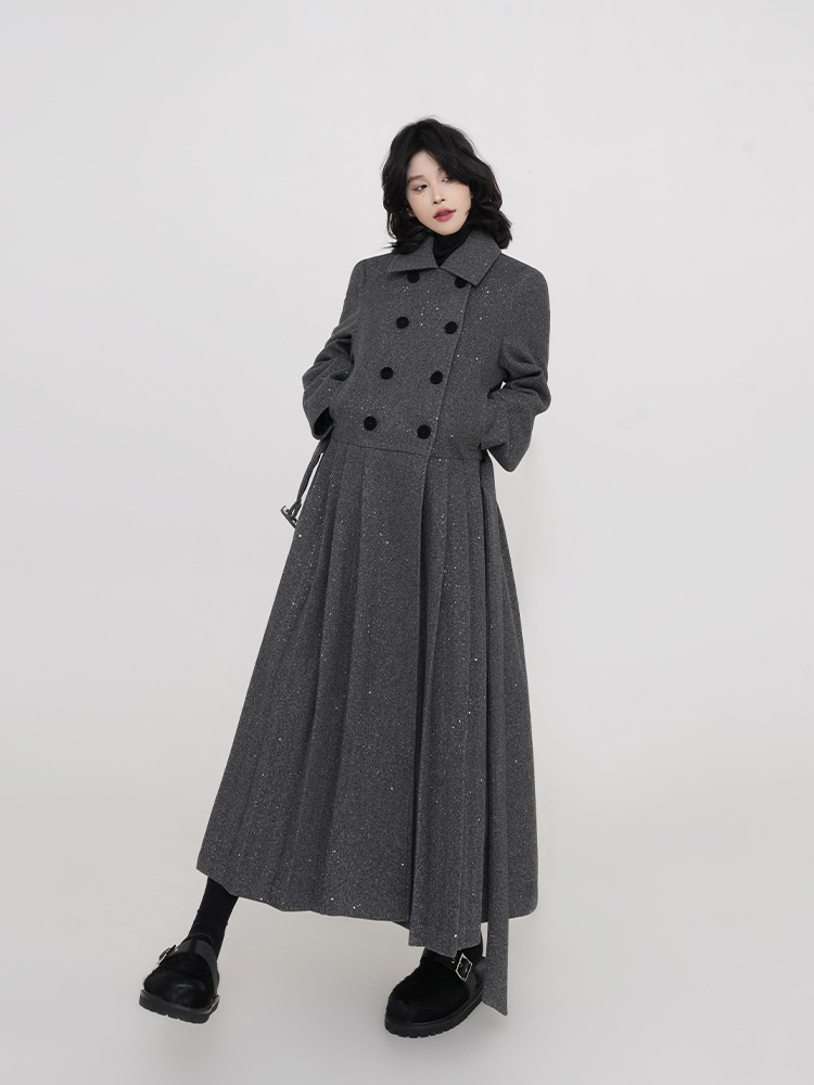 Korean Style Gray Polo Collar Padded Long Sleeve Dress for Women, Autumn Winter Waist-Cinched Pleated Skirt, High-End Fashion