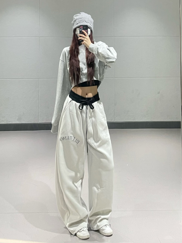 Korean Style Gray Short Sweatshirt and Double Waist Straight-Leg Sports Pants Set for Spring Summer Dance Outfit