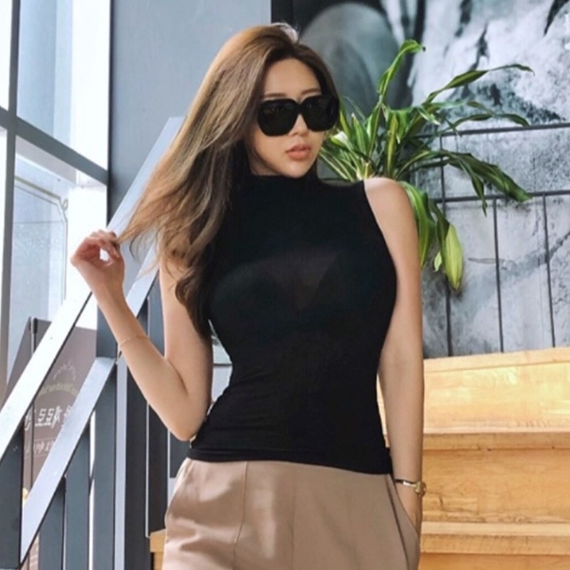 Korean Style High-Neck Fitted Slimming Sheer Body-Hugging Tank Top for Women - Versatile & Feminine Chest-Showcasing Design Korean Style High-Neck Fitted Slimming Sheer Body-Hugging Tank Top for Women - Versatile & Feminine Chest-Showcasing Design