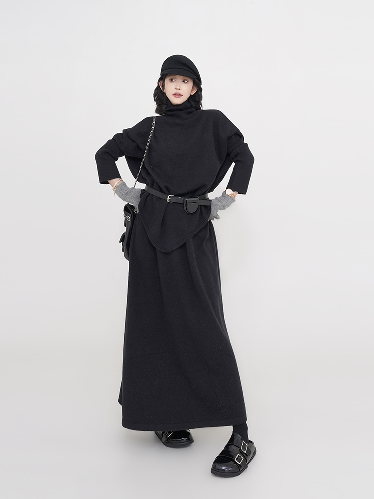 Korean Style High-Neck Thick Long Sleeve Knitted Sweater Set for Women - Irregular Loose Warm Top for Autumn and Winter