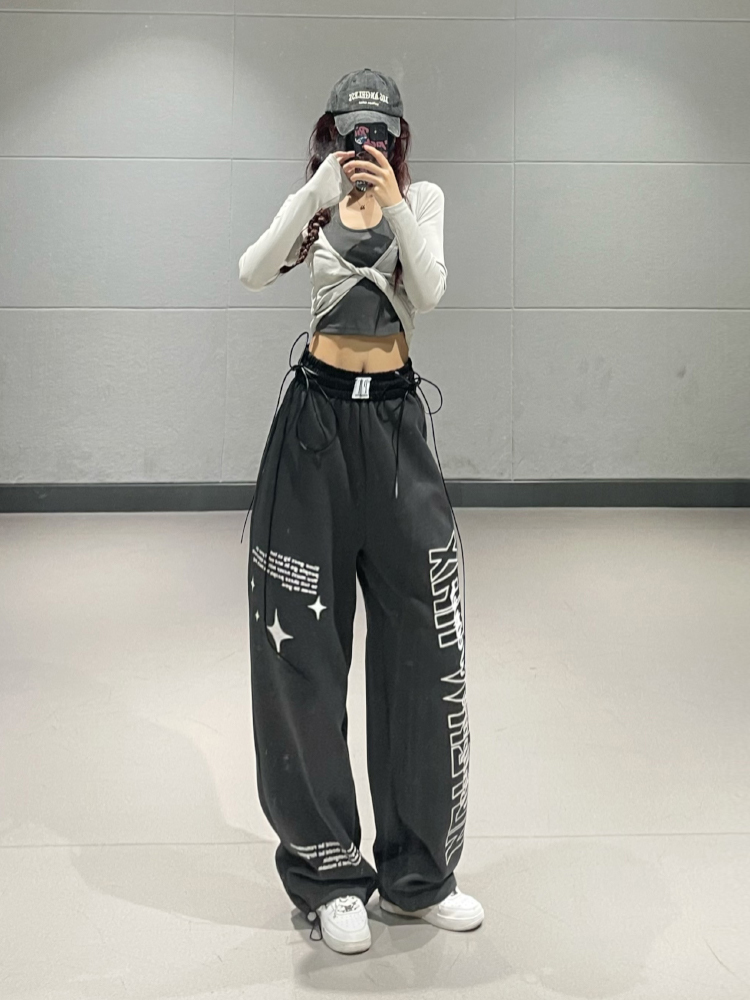 Korean Style High Street Loose Straight Casual Sports Pants for Women - Trendy Fall Vibe with Group Letter Design Korean Style High Street Loose Straight Casual Sports Pants for Women - Trendy Fall Vibe with Group Letter Design