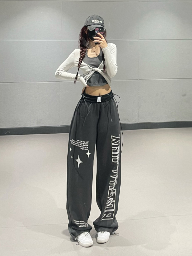 Korean Style High Street Loose Straight Casual Sports Pants for Women - Trendy Fall Vibe with Group Letter Design Korean Style High Street Loose Straight Casual Sports Pants for Women - Trendy Fall Vibe with Group Letter Design