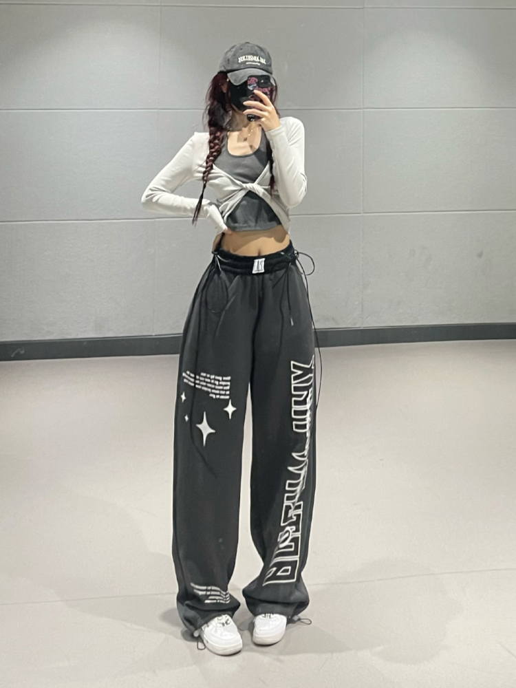 Korean Style High Street Loose Straight Casual Sports Pants for Women - Trendy Fall Vibe with Group Letter Design