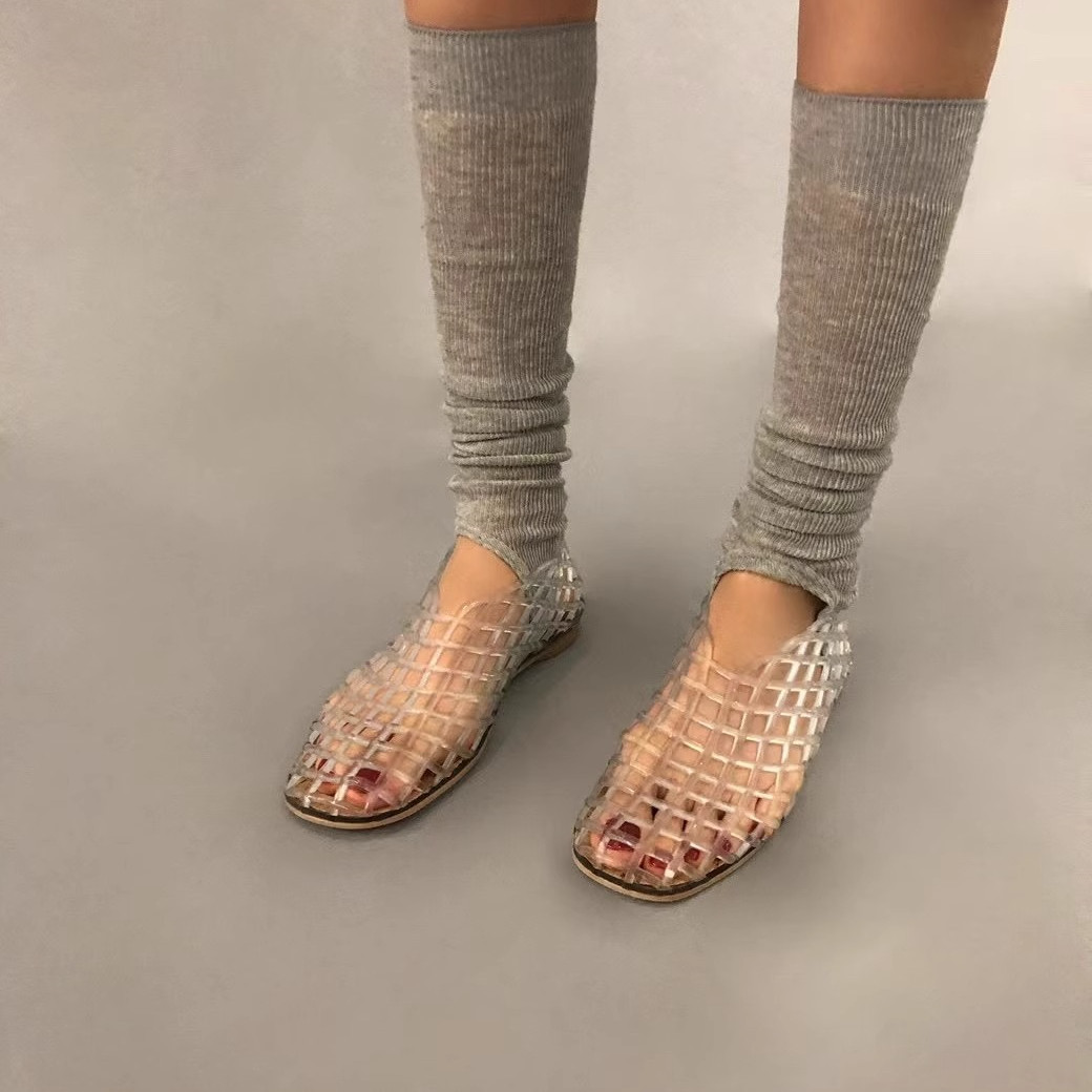 Korean Style Hollow Mesh Jelly Beach Sandals - Closed-Toe Crystal Flat Slippers for Summer Casual Wear