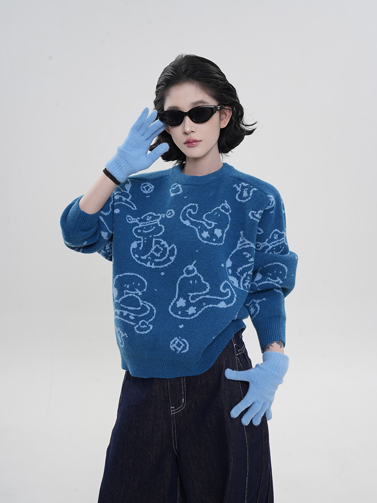 Korean Style Loose-Fit Red Round Neck Printed Knitted Sweater for Women - Thick Autumn/Winter Zodiac Year Top