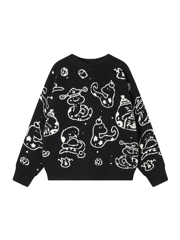 Korean Style Loose-Fit Red Round Neck Printed Knitted Sweater for Women - Thick Autumn/Winter Zodiac Year Top Korean Style Loose-Fit Red Round Neck Printed Knitted Sweater for Women - Thick Autumn/Winter Zodiac Year Top