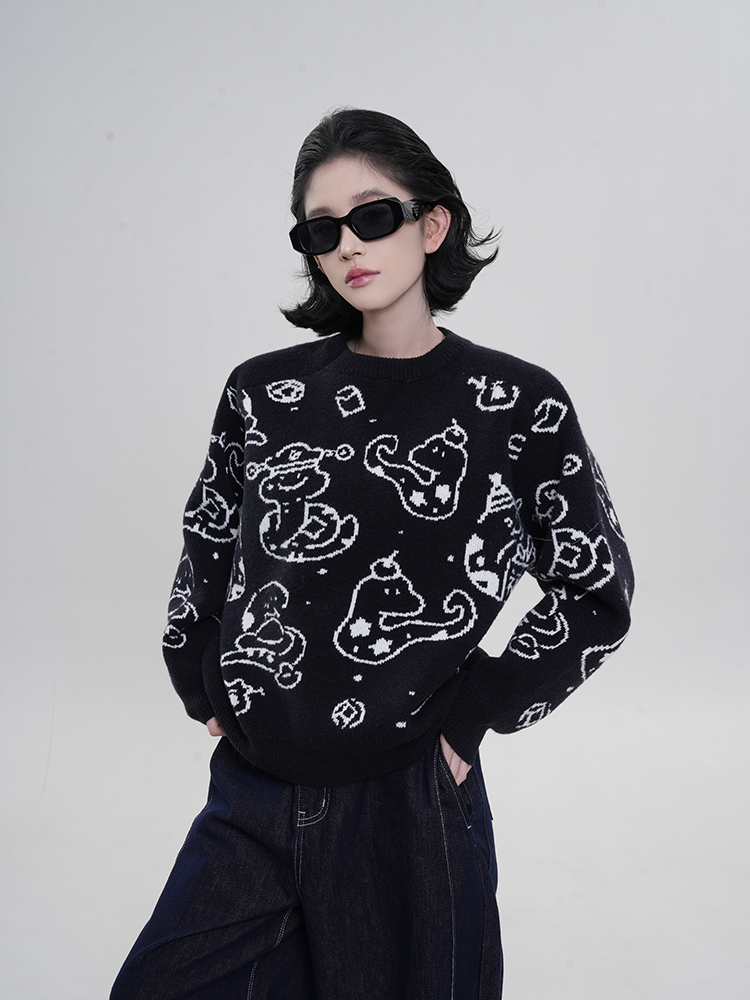 Korean Style Loose-Fit Red Round Neck Printed Knitted Sweater for Women - Thick Autumn/Winter Zodiac Year Top Korean Style Loose-Fit Red Round Neck Printed Knitted Sweater for Women - Thick Autumn/Winter Zodiac Year Top